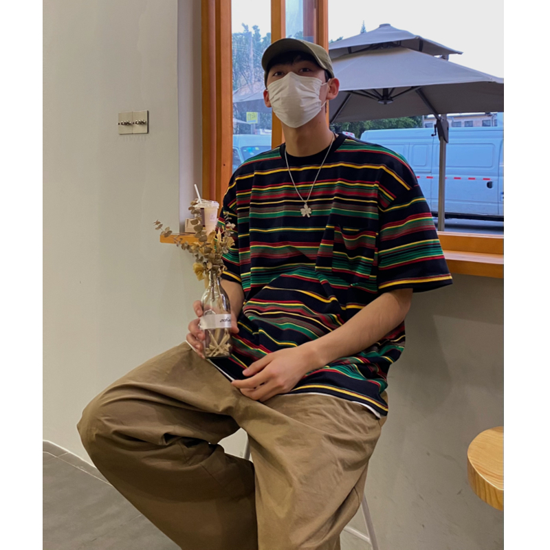 【潮WOO专属】COLAUP重磅条纹短袖宽松休闲情侣圆领T恤黄景瑜同款