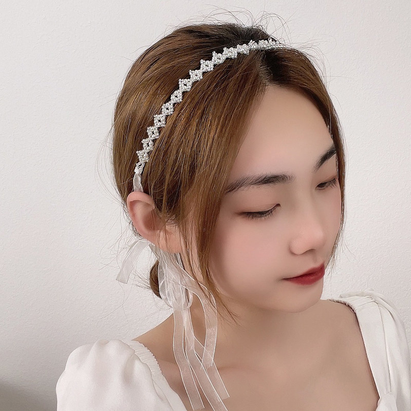 珍珠白色发带女绑发仙女森系超仙头绳带飘带复古发饰