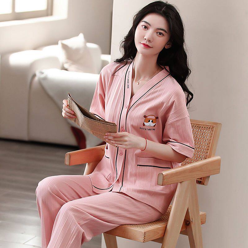 纯棉睡衣女士夏季短袖长裤韩版夏天开衫薄款休闲可外穿家居服套装