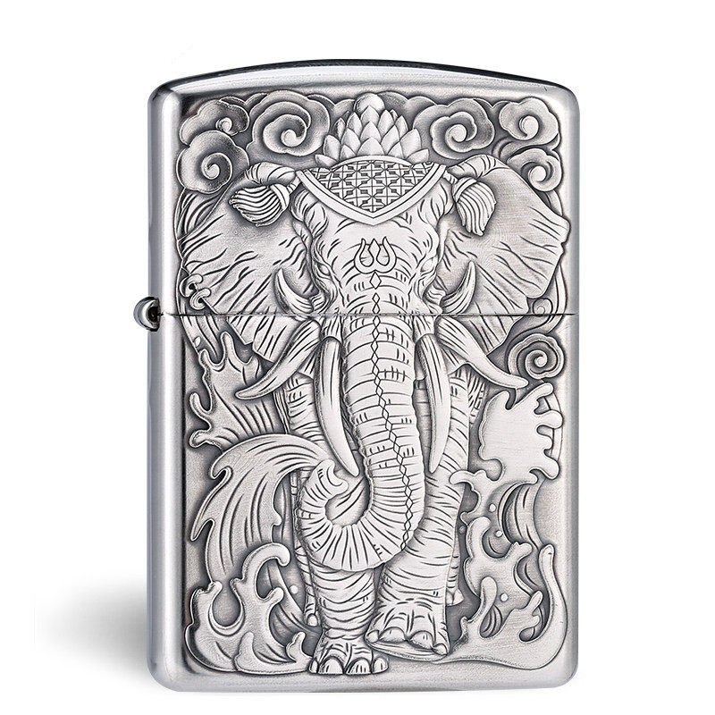 打火机quercia纯银六牙神象煤油浮雕定制老式砂轮煤油打火机
