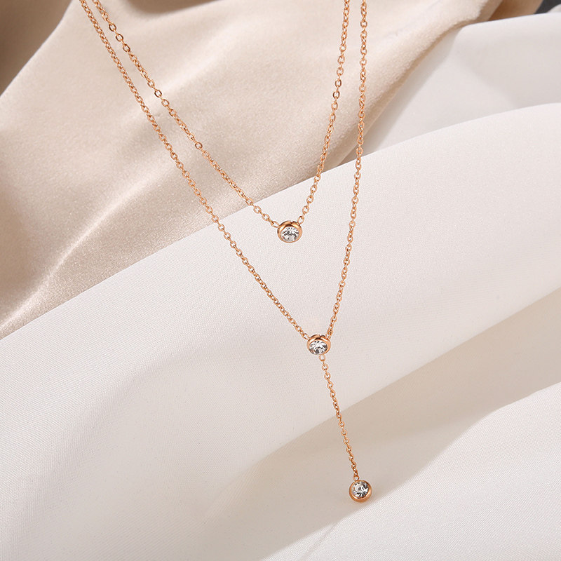 锆石项链女双双层套链长款多层脖链吊坠韩国项链