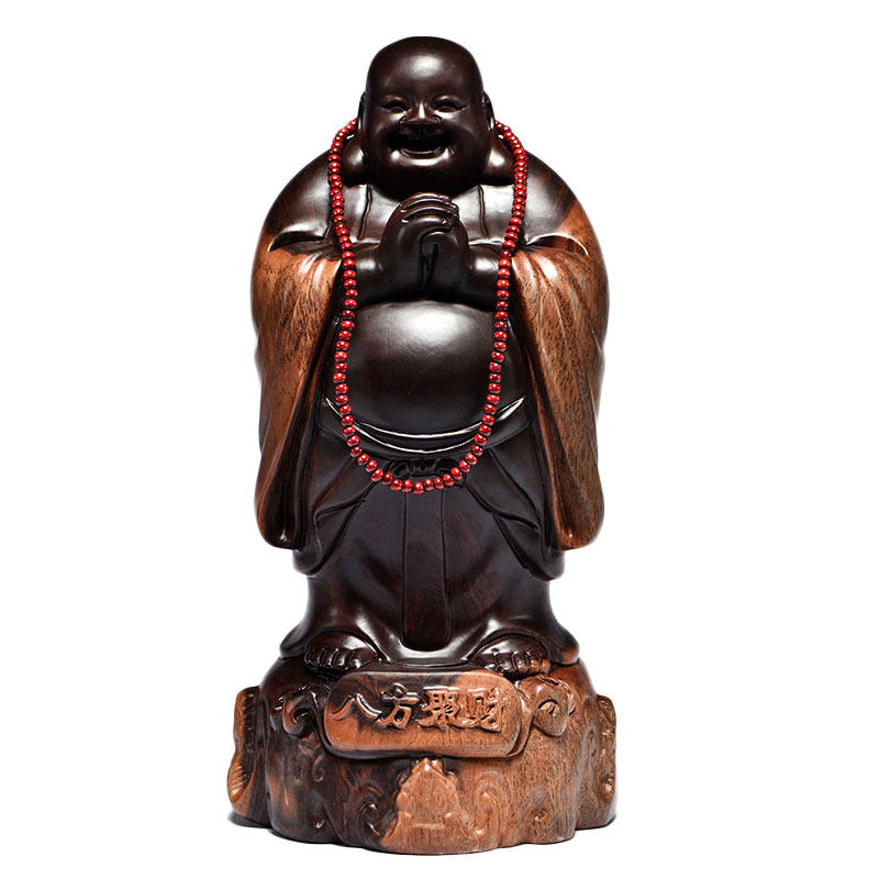 黑檀实木雕刻弥勒佛根雕摆件大号恭喜笑佛像工艺品红木家居送礼品