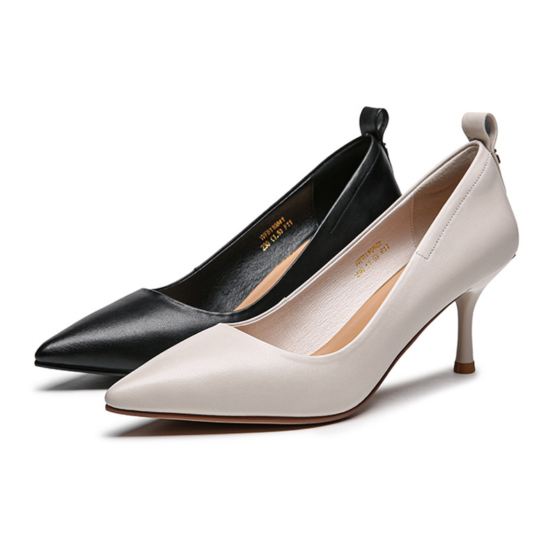 女鞋红蜻蜓2021新款真皮尖头职业工作黑色高跟鞋单鞋