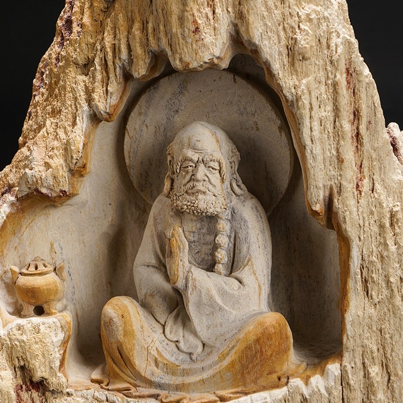 化石手工雕刻达摩问禅桌面摆件天然石材石雕摆件