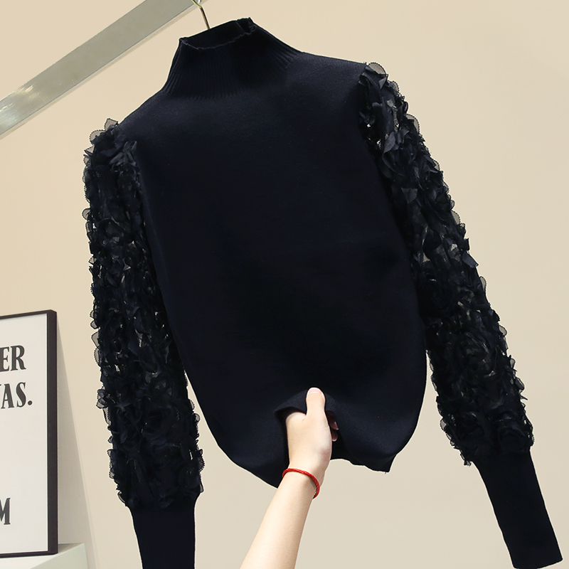 2021秋季新款半高领套头针织衫女雪纺木耳边长袖上衣短款打底衫女