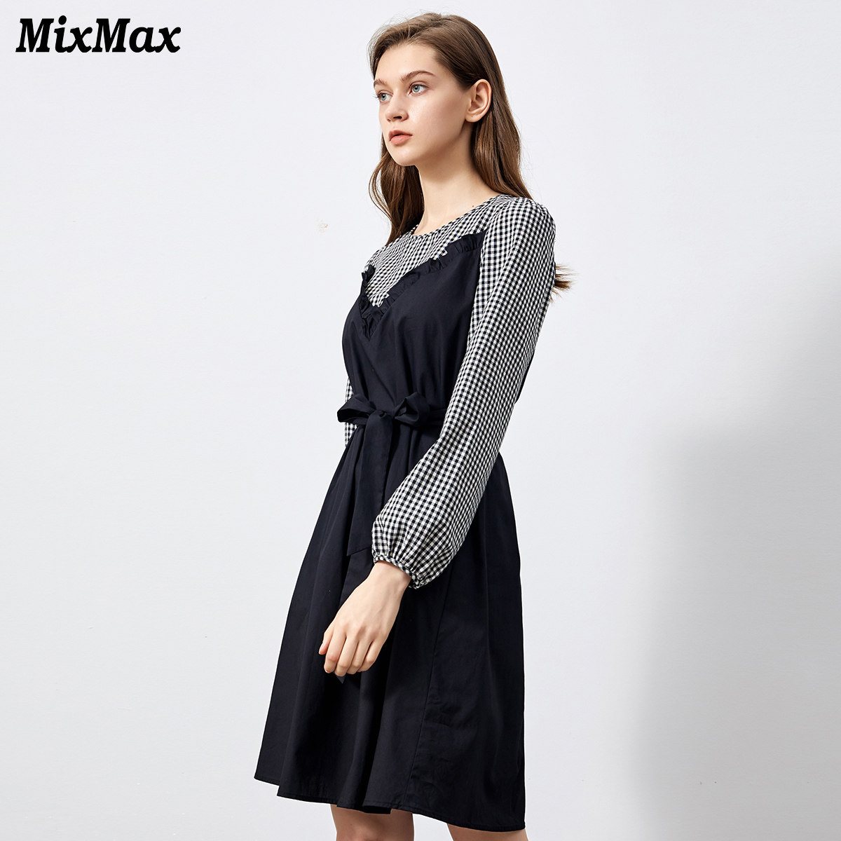 mixmax美姿美姿宝宝莲2020新款拼接格子腰带女式连衣裙