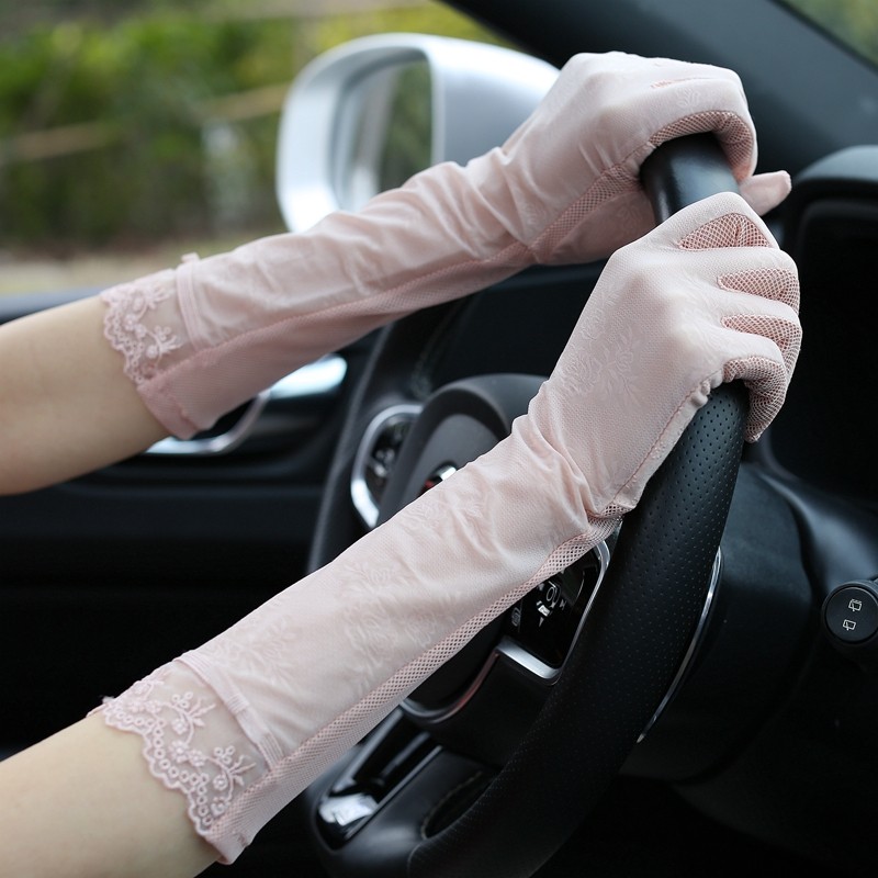 优雅黑色网纱蕾丝春秋透气薄款开车防滑中长手套