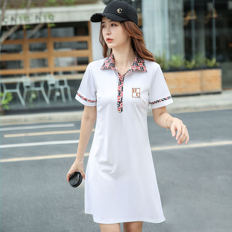 polo裙女夏针织连衣裙中长款收腰显瘦短袖polo衫t恤休闲运动裙a字