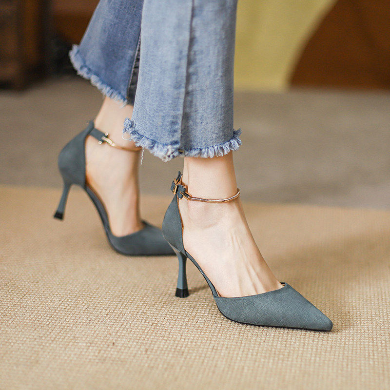 蓝色气质法式高跟鞋2021春季真皮尖头一字扣单单鞋