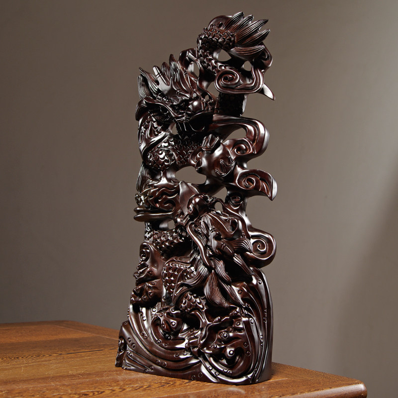 檀木雕龙摆件双龙戏珠家居客厅办公装饰红木摆件