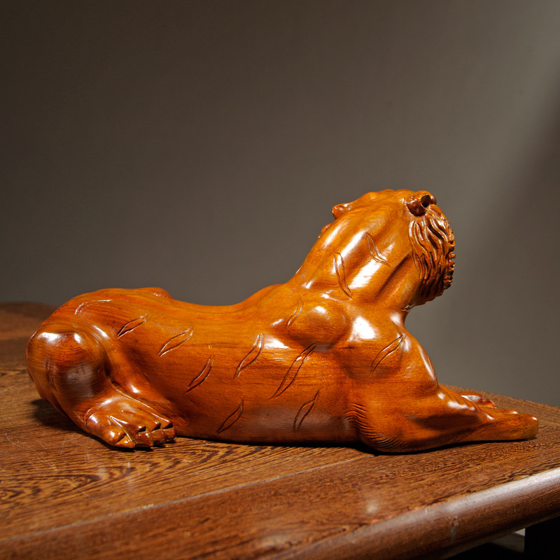 花梨木雕卧虎摆件实木木质十二生肖老虎红木家居摆件