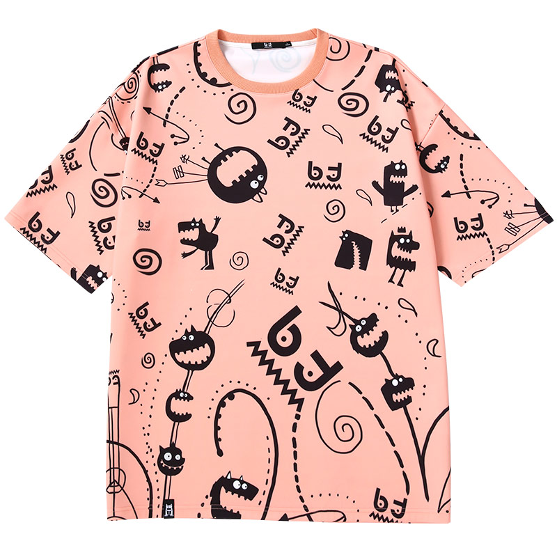 bt潮牌大齿怪字母涂鸦印花满印t恤男夏季街头国潮落肩学生短袖男