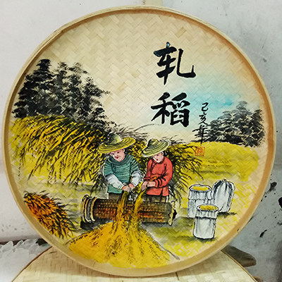 手工绘画簸箕画竹农家乐饭店餐厅墙面装饰画美丽竹编