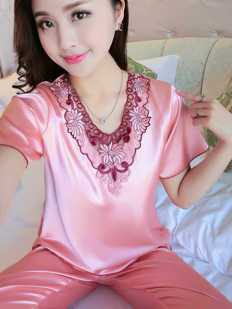 睡衣女夏短袖夏季九分裤女士薄款冰丝绸缎夏天夏款大码家居服套装