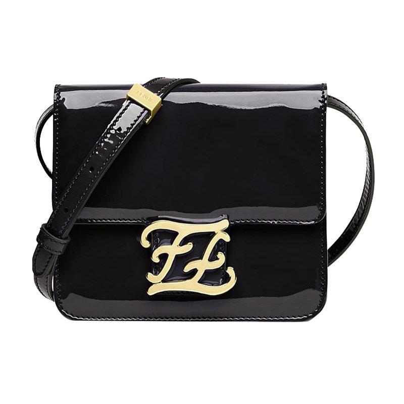 fendi芬迪女士ffkarligraphy搭扣翻盖黑色亮面小牛通用款女包