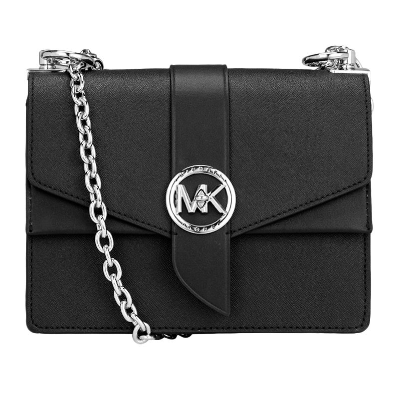 michaelkors迈克科尔斯女士黑色牛皮革银色mk徽标单肩斜挎包