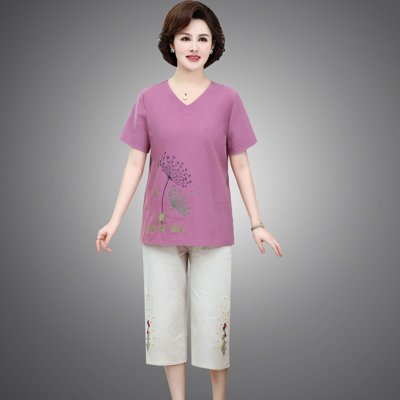 中老年一套六十岁nv妈妈60岁套装女装七分短袖中老年