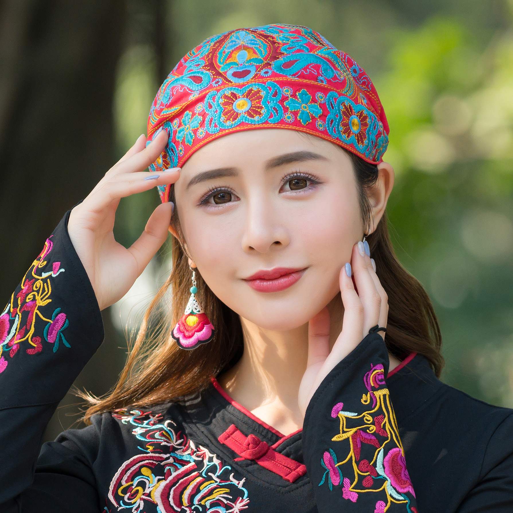 民族风帽子时尚复古头巾女素颜包头帽云南绣花帽子秋冬长脸适合潮