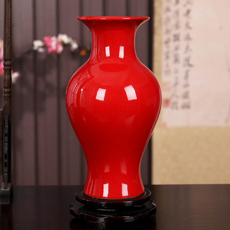 花瓶景德镇陶瓷中国红色陶瓷家居工艺摆设全红红釉花瓶