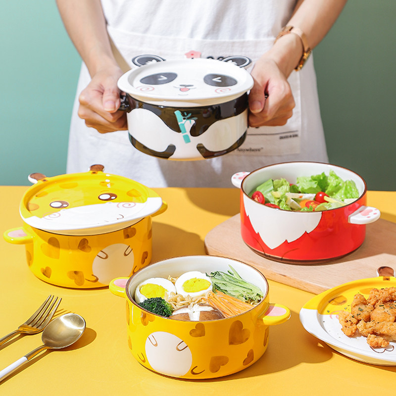 日式泡面陶瓷带盖饭碗学生宿舍餐具双耳汤碗碗