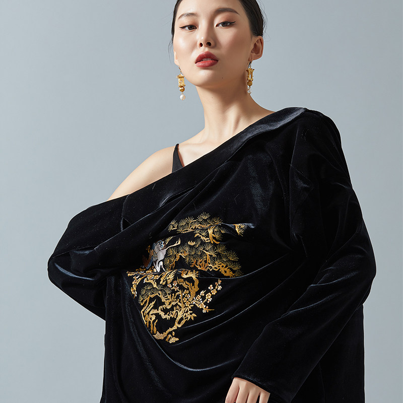 外套盖娅传说天鹅绒松柏刺绣西装上衣原创明星西装