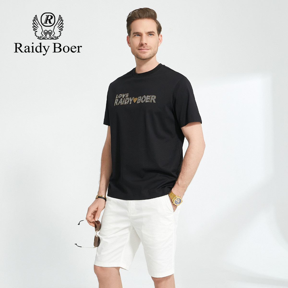雷迪波尔男装短袖2023夏季新款时尚潮流烫钻圆领纯棉t恤