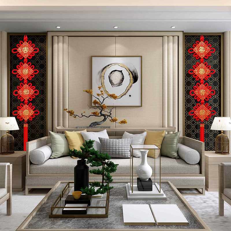 过年电视墙装饰挂件客厅福字扇形中国结新年背景墙中国结