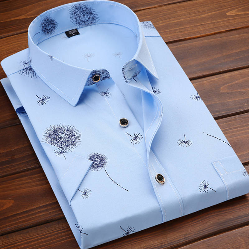2022春夏新款男士薄款白短袖衬衫中青年商务纯色印花工装衣服男装