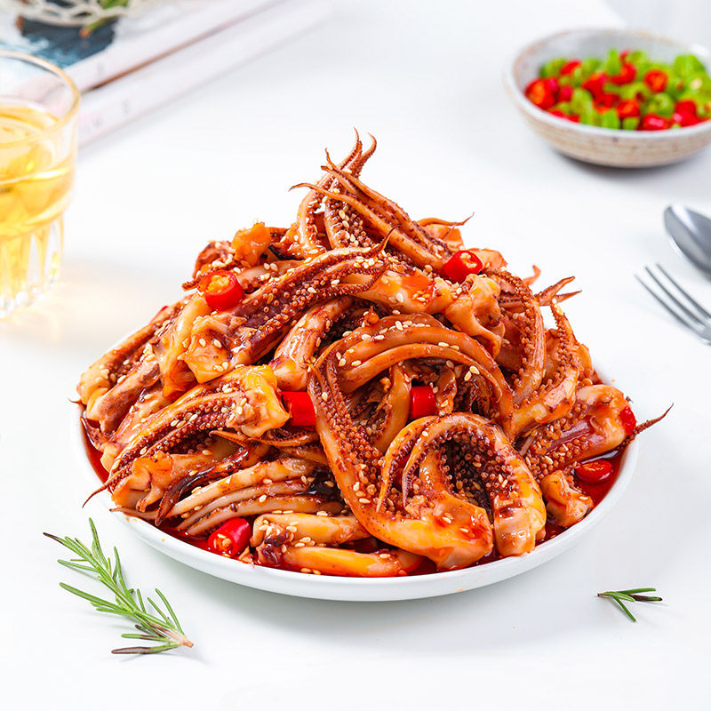 麻辣鱿鱼须开盖即食海鲜熟食罐装捞汁罐头零食冷冻章鱼足腿水产