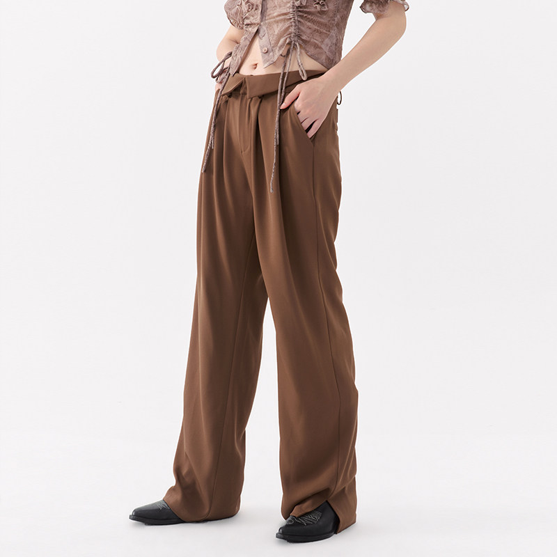 wooha西装垂感直筒翻页腰头松显宽松休闲裤新款西装裤