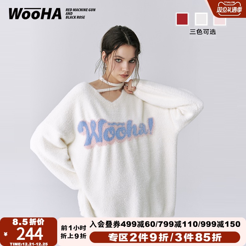 WooHa/吾哈毛衣女冬季新款宽松百搭软糯V领挂脖字母针织上衣