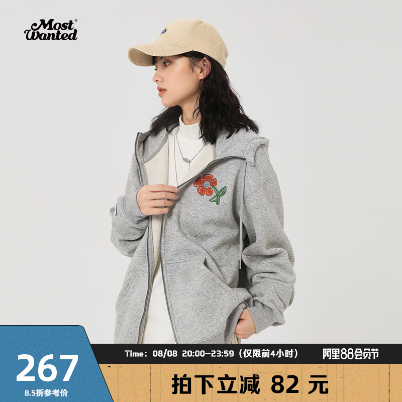 Mostwantedlab 小花刺绣连帽卫衣外套男春秋情侣拉链开衫女 MWTD