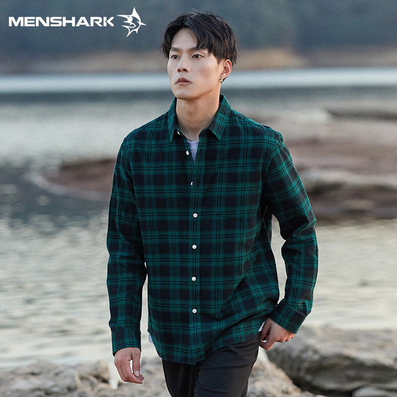 menshark新款格纹长袖衬衫秋季经典女款衬衫