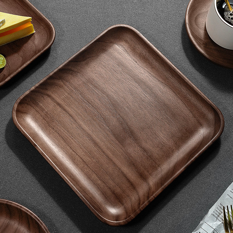 胡桃实木盘子碟子家用圆形方形木质果盘零食盘