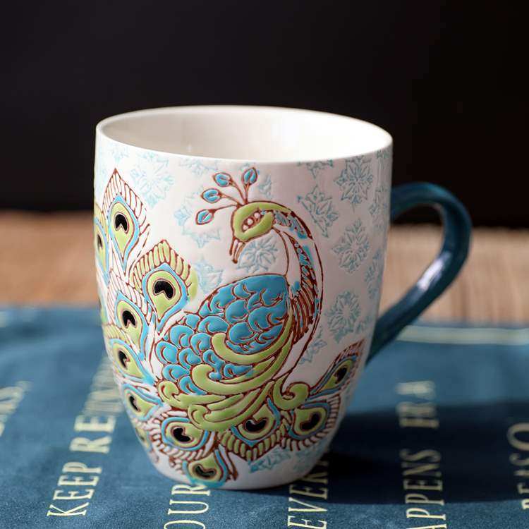 杯子手工绘制陶瓷孔雀孔雀花花纹马克杯水水杯马克杯