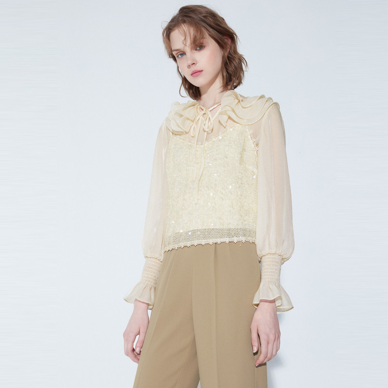 miss cocoon秋装新款女装韩系ins风偏光荷叶边花苞袖收腰衬衫