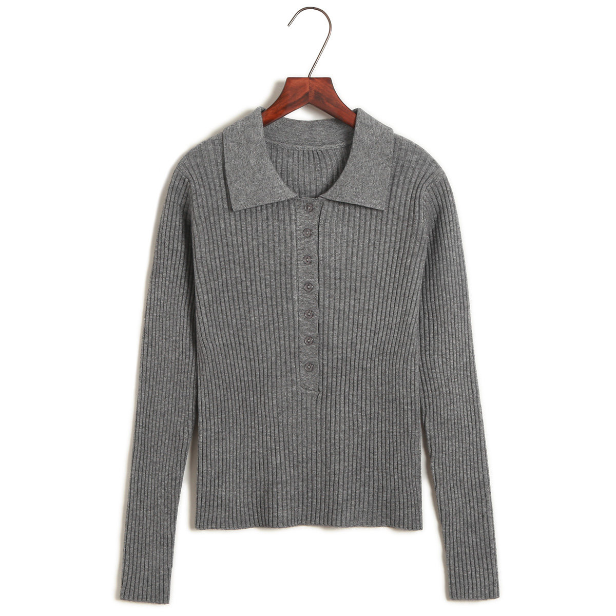 灰色秋冬翻领复古毛衣长袖打底百搭polo领针毛针织衫