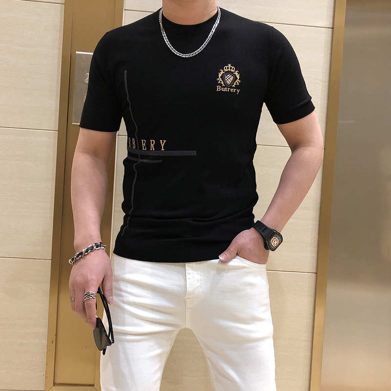 2022夏季新款男士冰丝短袖针织衫男装刺绣圆领青年毛衣半袖打底衫