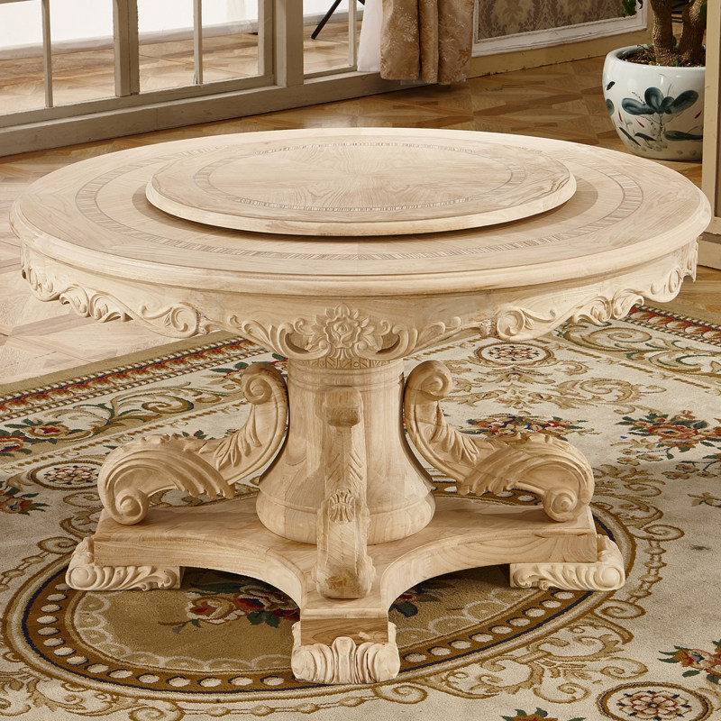 欧式餐桌圆桌美式实木雕花烤漆大理石餐厅大小大理石餐桌