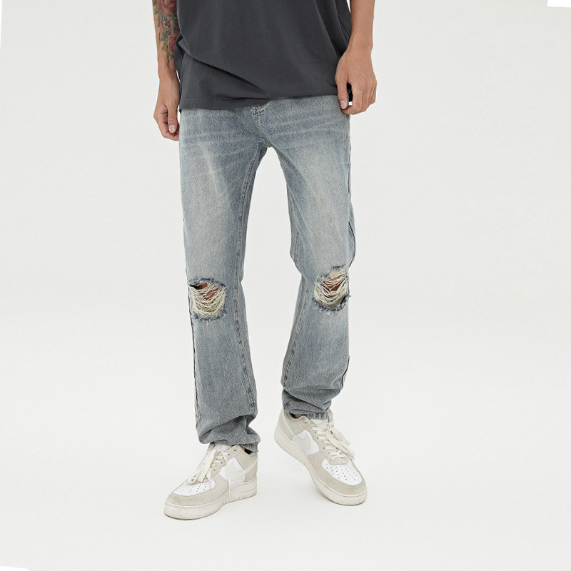 boneless膝盖破洞洗水牛仔裤潮牌百搭街头直筒长裤牛仔裤