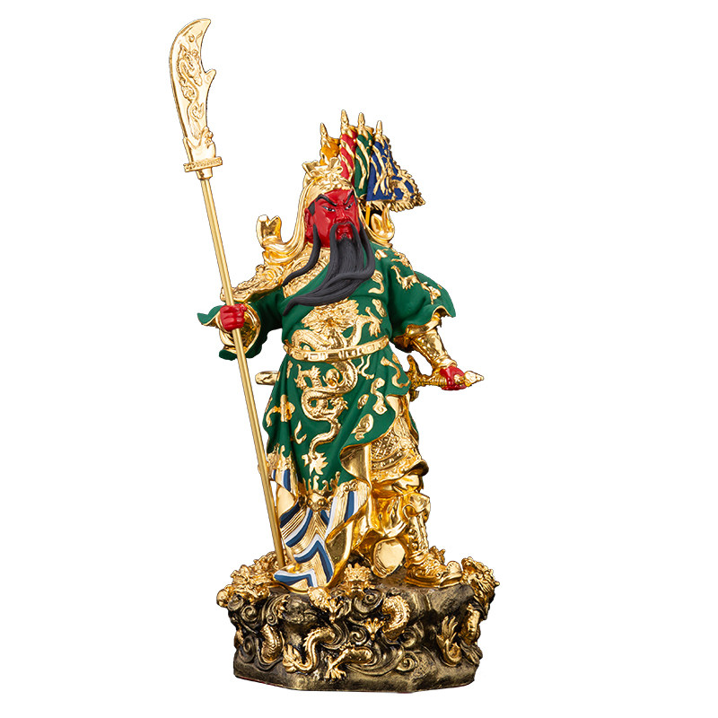 关公神像纯铜彩绘贴金九龙插旗关圣帝君二爷装饰摆件