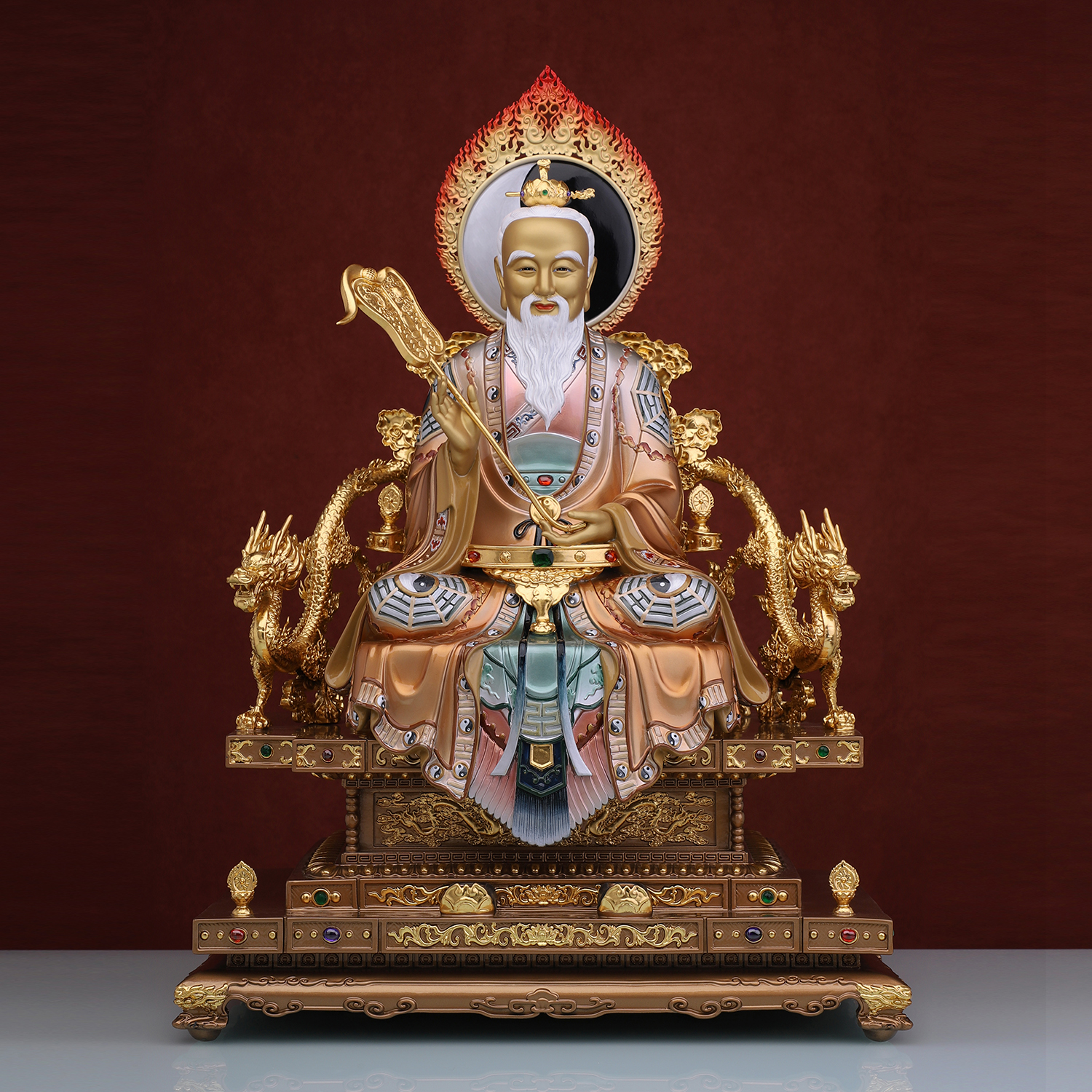 天尊三清清道神像纯铜彩绘太上老君元始灵宝摆件