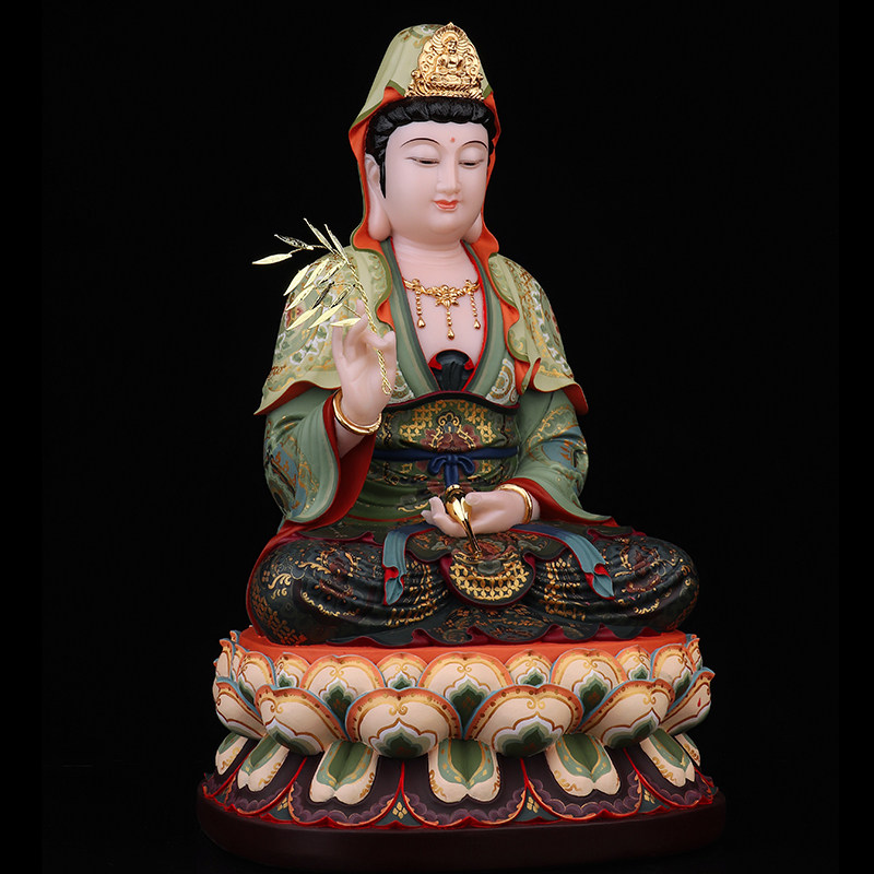菩萨观音佛像汉白玉坐莲观音像古彩观世音古彩家用摆件