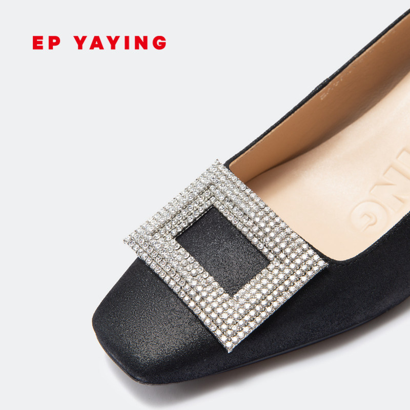 epyaying雅莹女鞋方扣钻饰闪亮浅口高跟鞋2021春夏单鞋