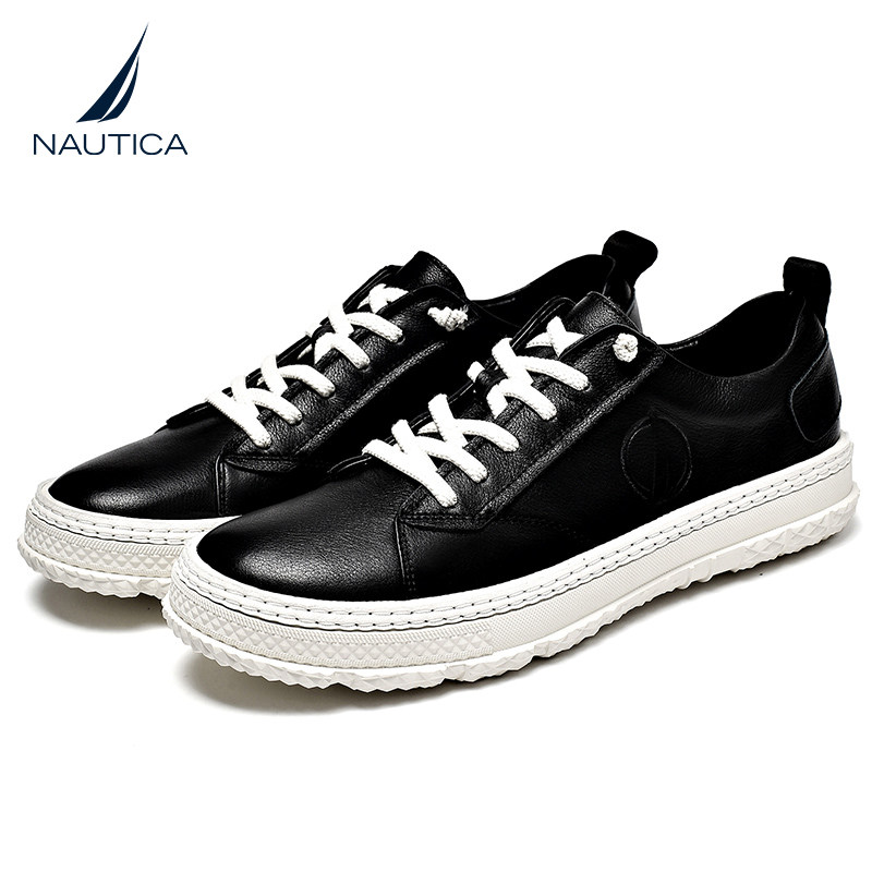 nautica诺帝卡黑色手缝头层皮男鞋真皮休闲小白鞋板鞋休闲板鞋