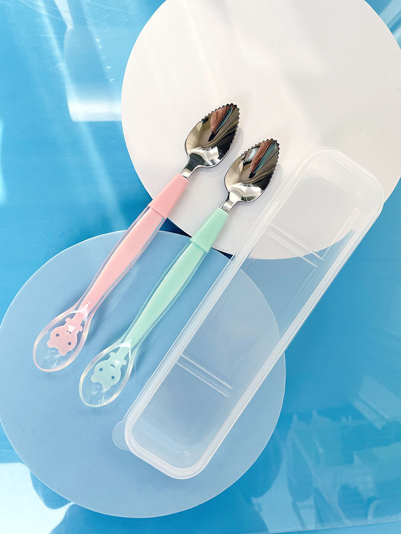 宝宝辅食硅胶新生婴儿勺子双头刮泥勺苹果不锈钢儿童餐具