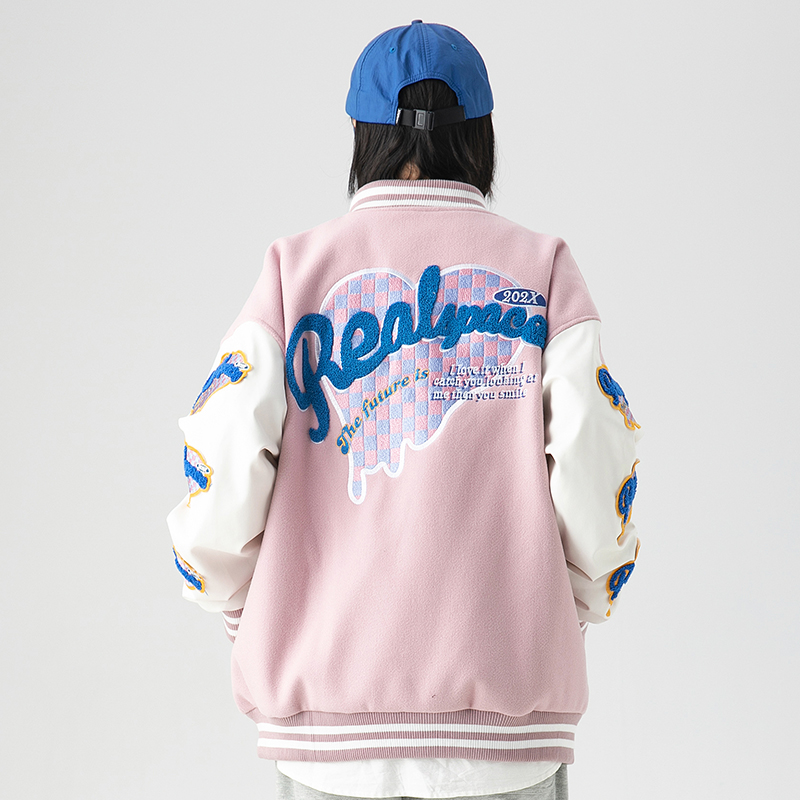 Hold Colour美式潮牌字母爱心毛巾绣棒球服夹克男女ins潮流bf外套