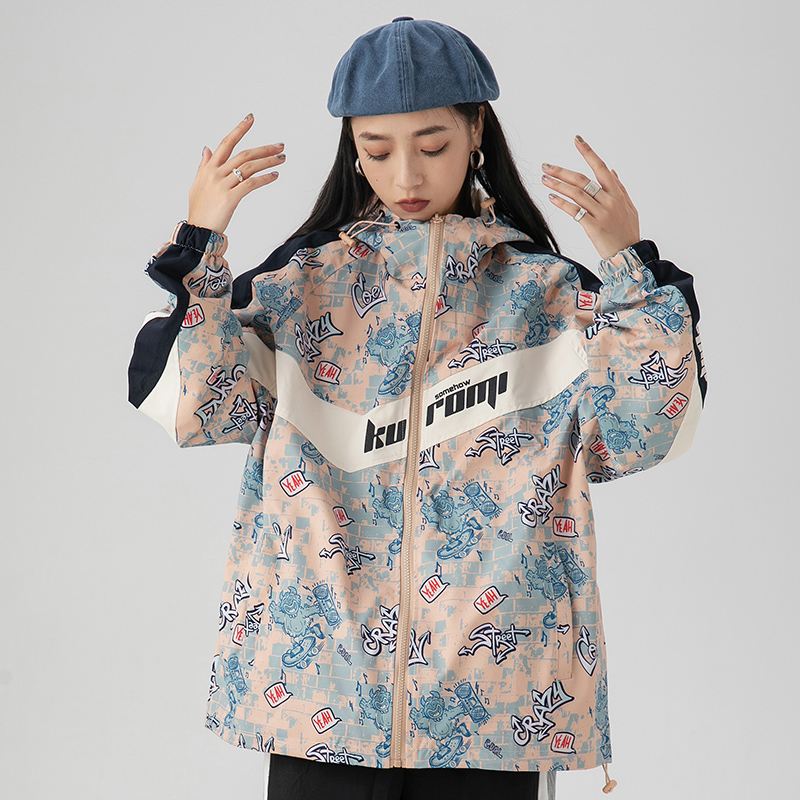 Hold Colour美式潮牌卡通满印撞色拼接冲锋衣夹克男女ins潮流外套