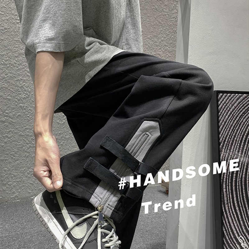 裤口撞色拼接拉链阔腿裤男高街ins潮牌原宿风小众设计感炸街裤子