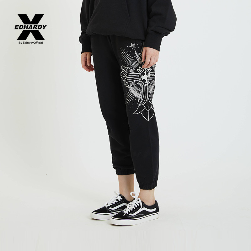 edhardy新品女士时尚宽松休闲运动印花烫钻长裤休闲裤